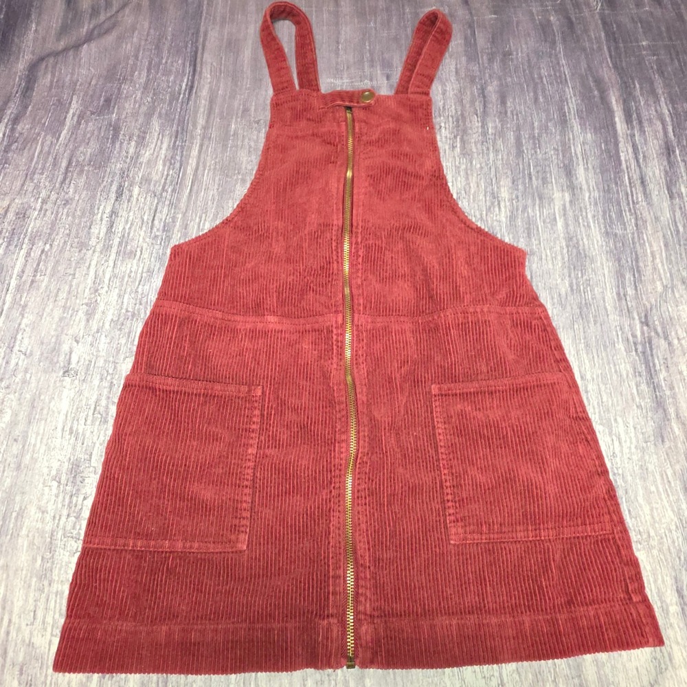 Forever‎ 21 Burgundy Red Corduroy Zip Front Overall Pinafore Mini Dress Womens S